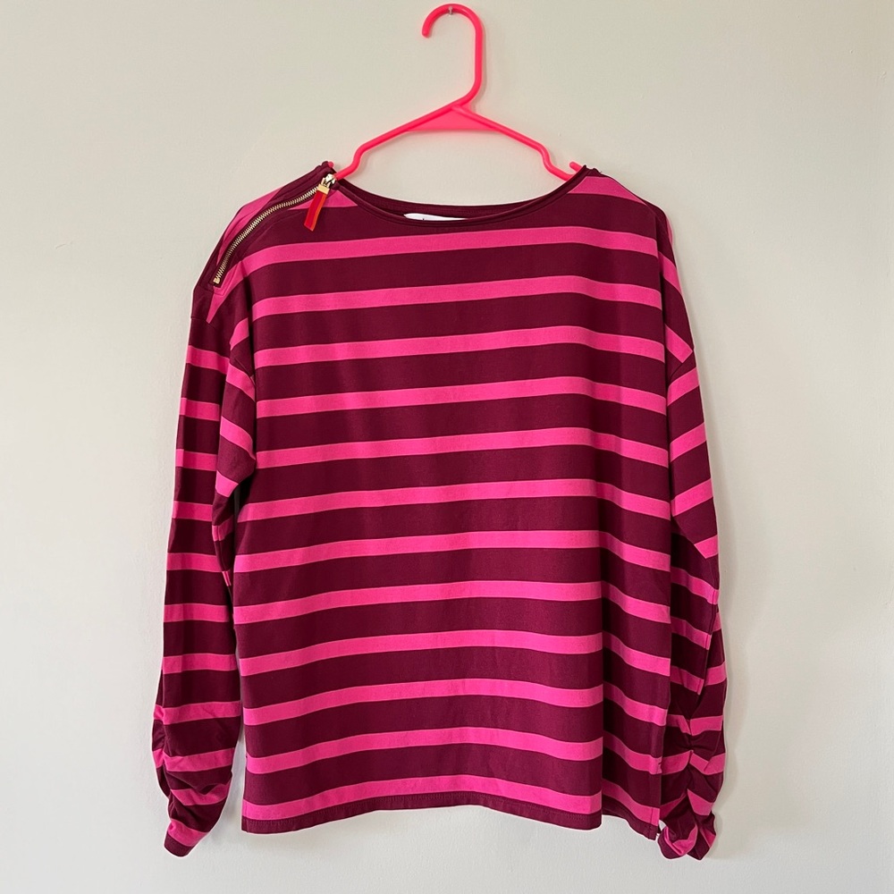 Isaac Mizrahi x Selma Blair | Striped Relaxed Fit LS Shirt | Pink/Maroon | XS